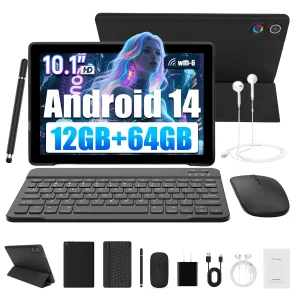 10.1 Inch Android 14 Tablet with Protective Case,Keyboard,Mouse,& Headphones